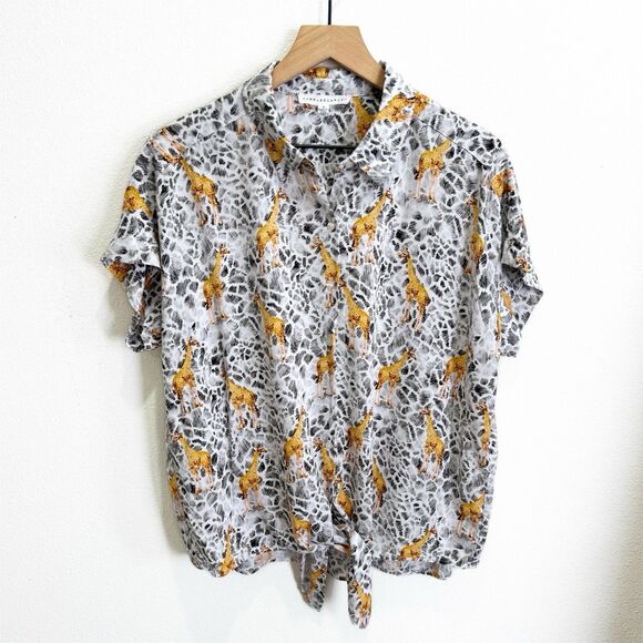 Jane & Delancey Top Womens XL Safari Giraffe‎ Button Up Beachy Tropical Travel - Picture 1 of 14
